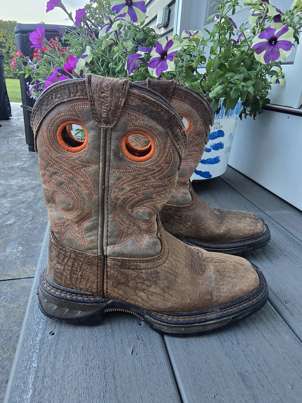 Durango Brown Kids Western Boots with Orange Pull Holes Size 1M